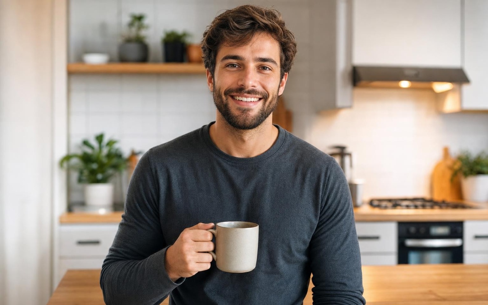 Foto de un hombre en una cocina con luz plana y fondo desordenado. La misma foto del hombre con luz cálida, colores vivos y fondo limpio.