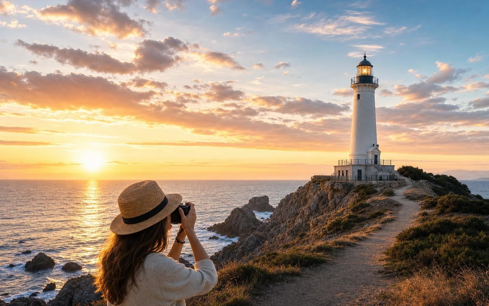 Foto de un faro con encuadre cortado que necesita expansión. La misma escena del faro con el cielo y el mar añadidos de forma natural.