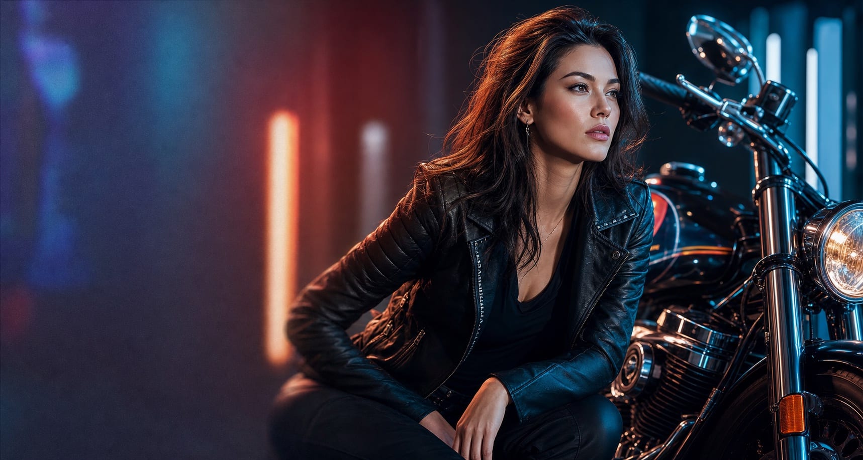 Escena editorial que pasa de desenfocada y ruidosa a nítida junto a una motocicleta